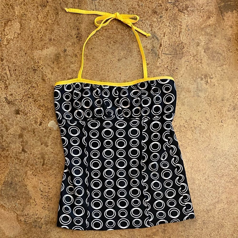 LIME Ricki yellow and black geometric print halter modest tankini swim‎ top